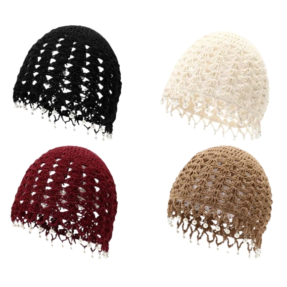 Crochet Beanie Faux Pearl Tassels Burgundy - Picture 7 of 10